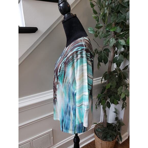 New Directions Blouse Women Medium Multicolor Teal Brown Abstract Print Top - Picture 4 of 11